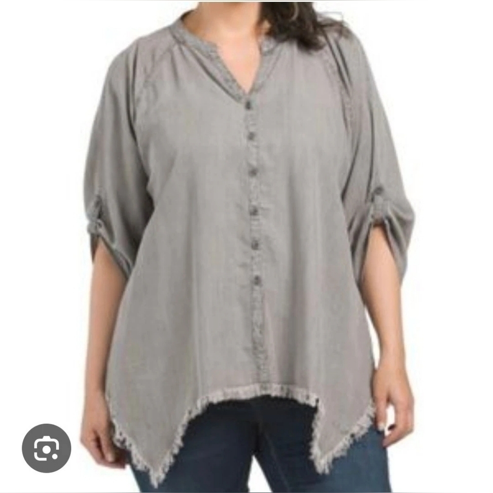 Hester & Orchid Women's Tencel Button Front Lagenlook Fringe Top Gray Size 3X
